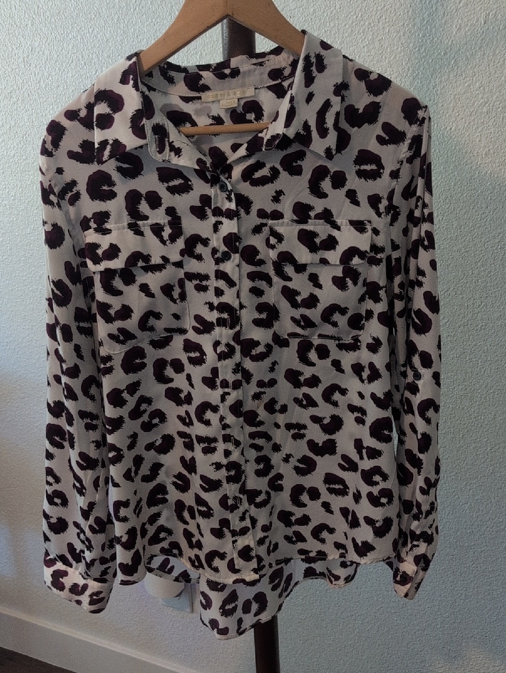 cooper & ella White Button-Down Blouse with Dark Purple Animal Print